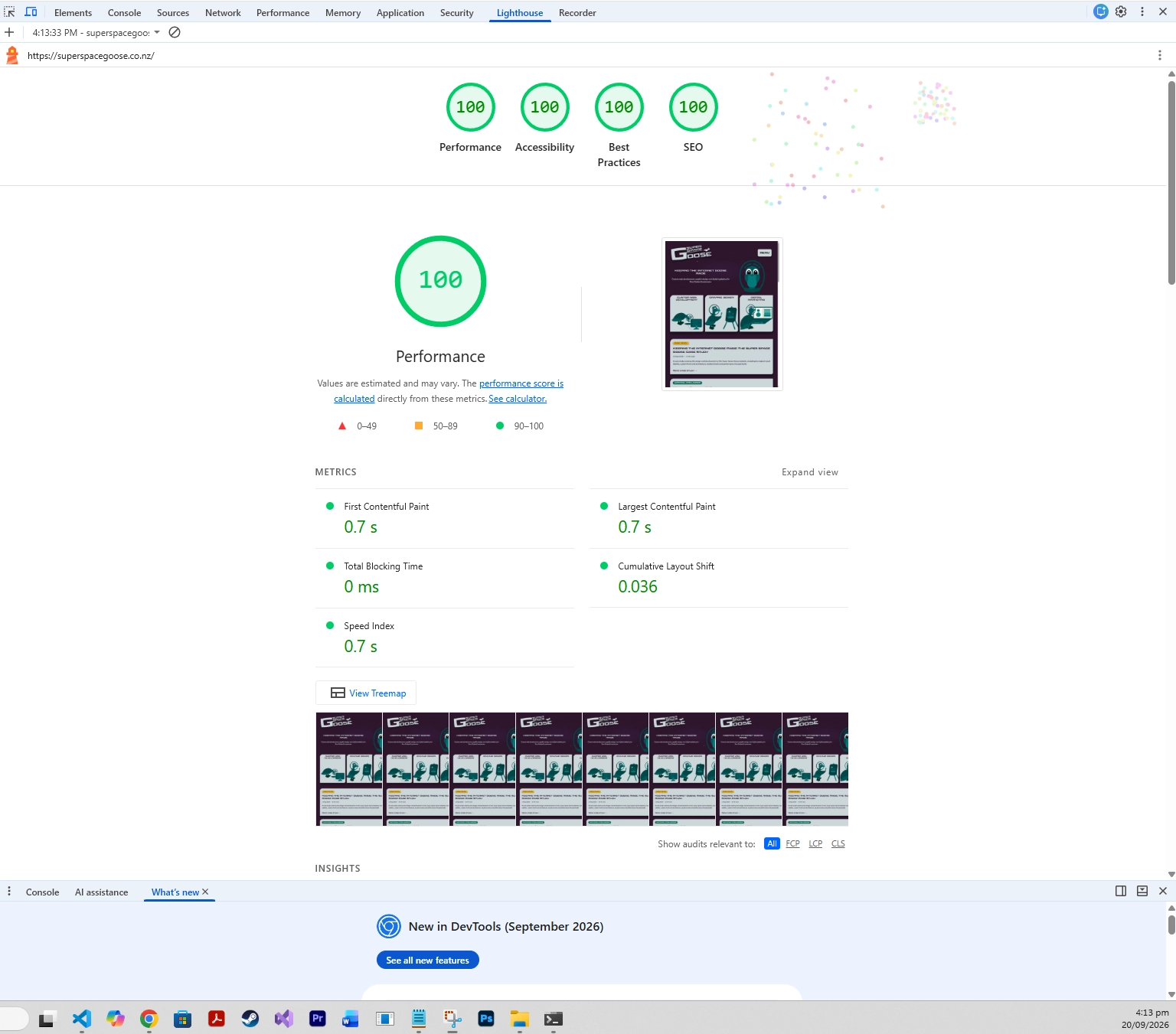 Screenshot of the Super Space Goose homepage taken on 20 September 2026 showing 100 out of 100 scores for all four Google lighthouse tests