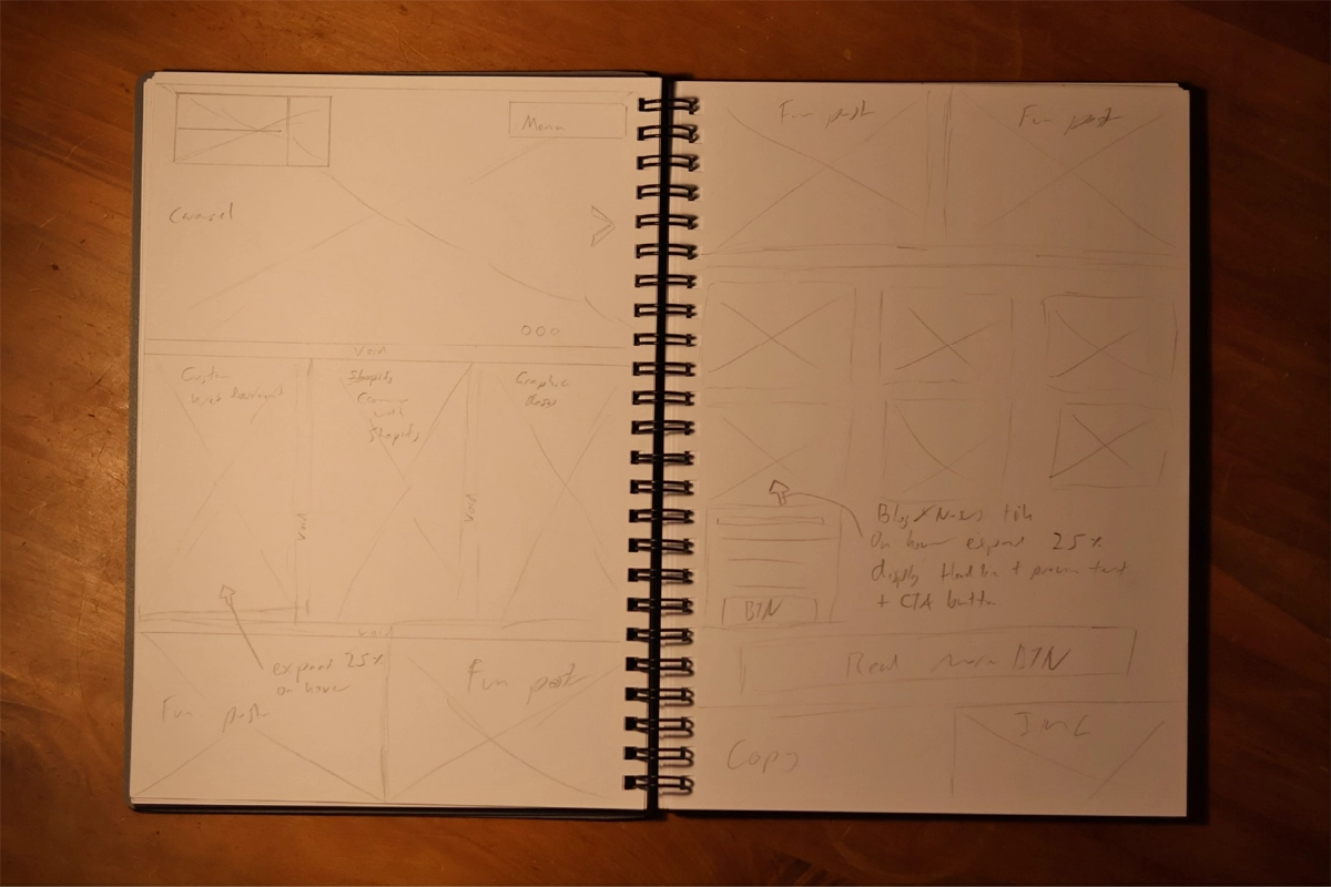 Hand-drawn UI wireframe concepts for professional corporate brochure websites